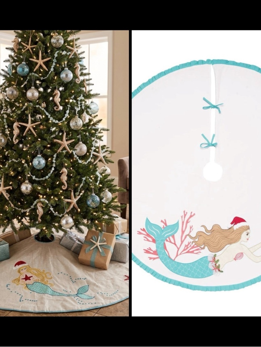 Mermaid Starfish Embroidered Coastal Turquoise White Christmas 52”W Tree Skirt